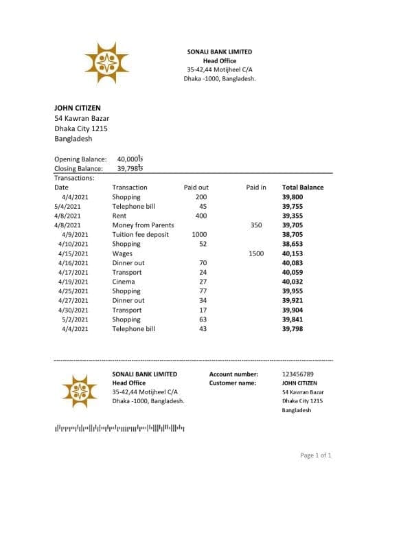 Bangladesh Sonali Bank Proof of Address Statement Template in Word and PDF Format (.doc and .pdf)
