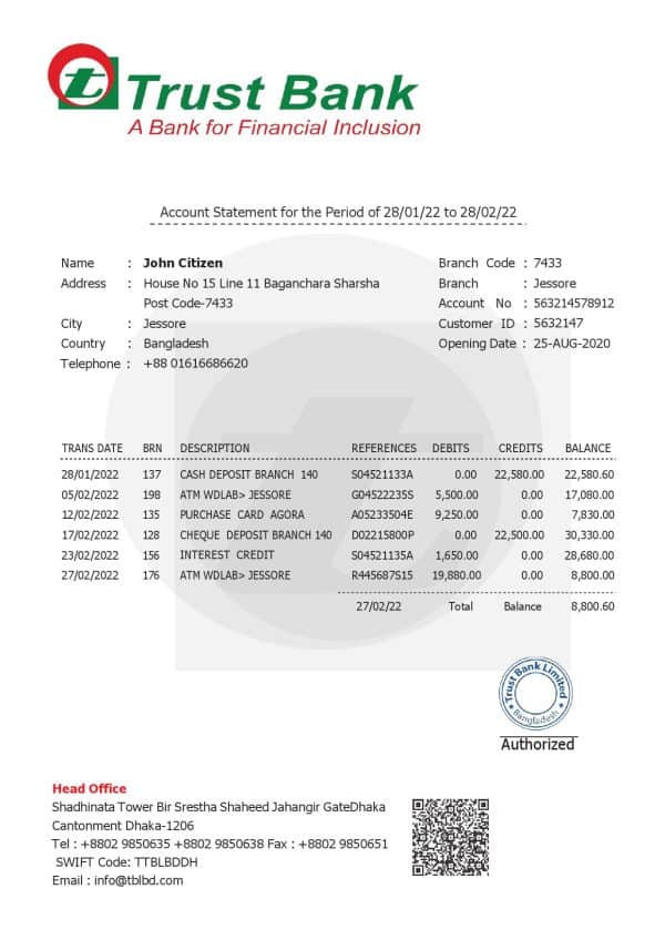 Bangladesh Trust Bank Statement Word and PDF Template