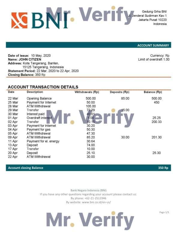 Indonesia Bank Negara Indonesia (BNI) proof of address bank statement in Word and PDF format