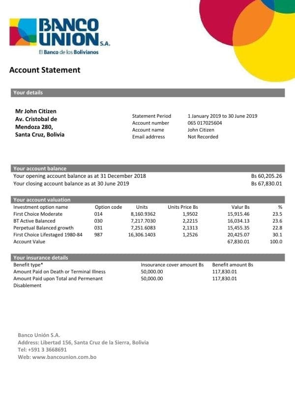 Bolivia Banco Union bank statement template in Word and PDF format