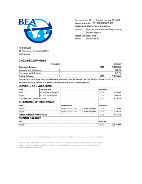 Algeria Banque extérieure d’Algérie bank statement template in Excel and PDF format