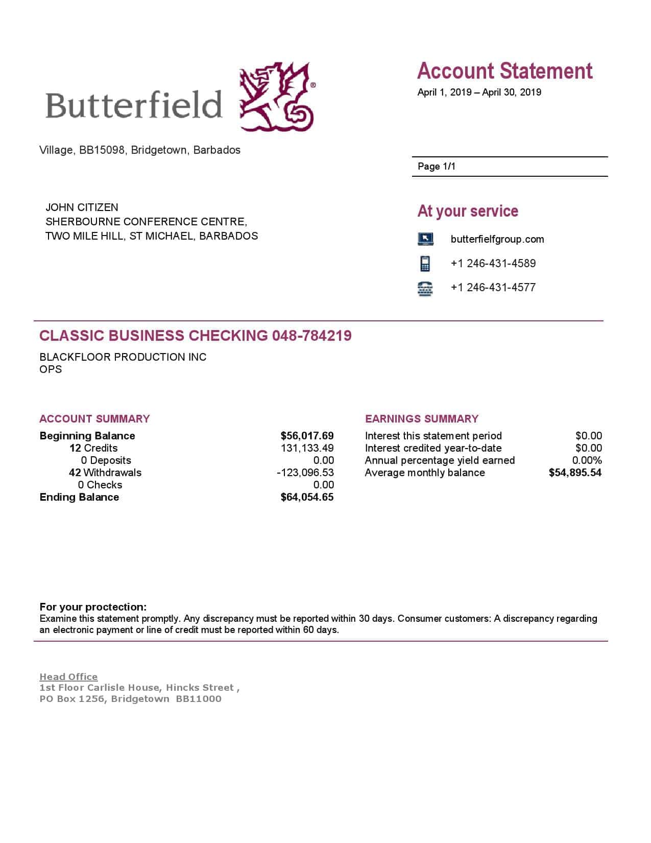 Barbados-Butterfield-bank-statement.jpg Barbados Butterfield proof of address bank statement template in Word and PDF format