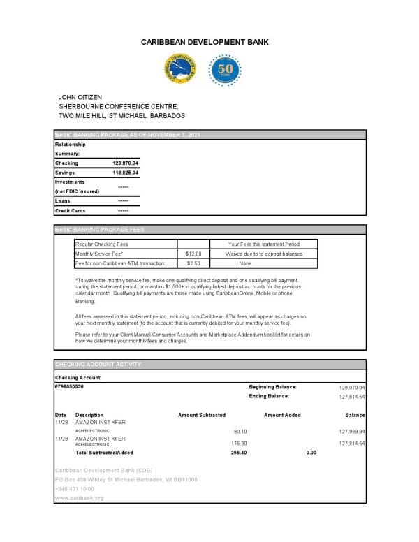 Barbados Caribbean Development bank statement easy to fill template in .xls and .pdf file format