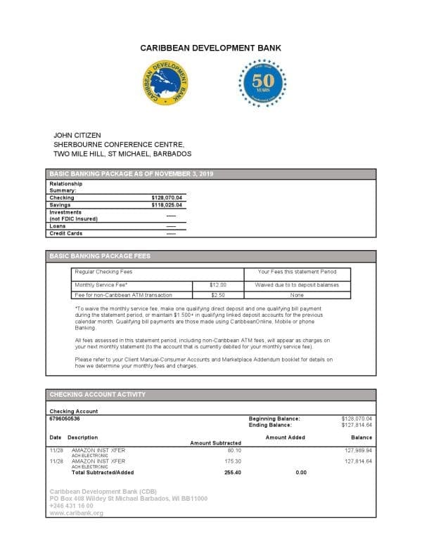 Barbados Caribbean Development Bank statement template in Word and PDF format