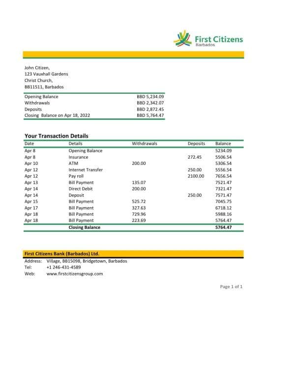 Barbados First Citizens bank statement template in Excel and PDF format