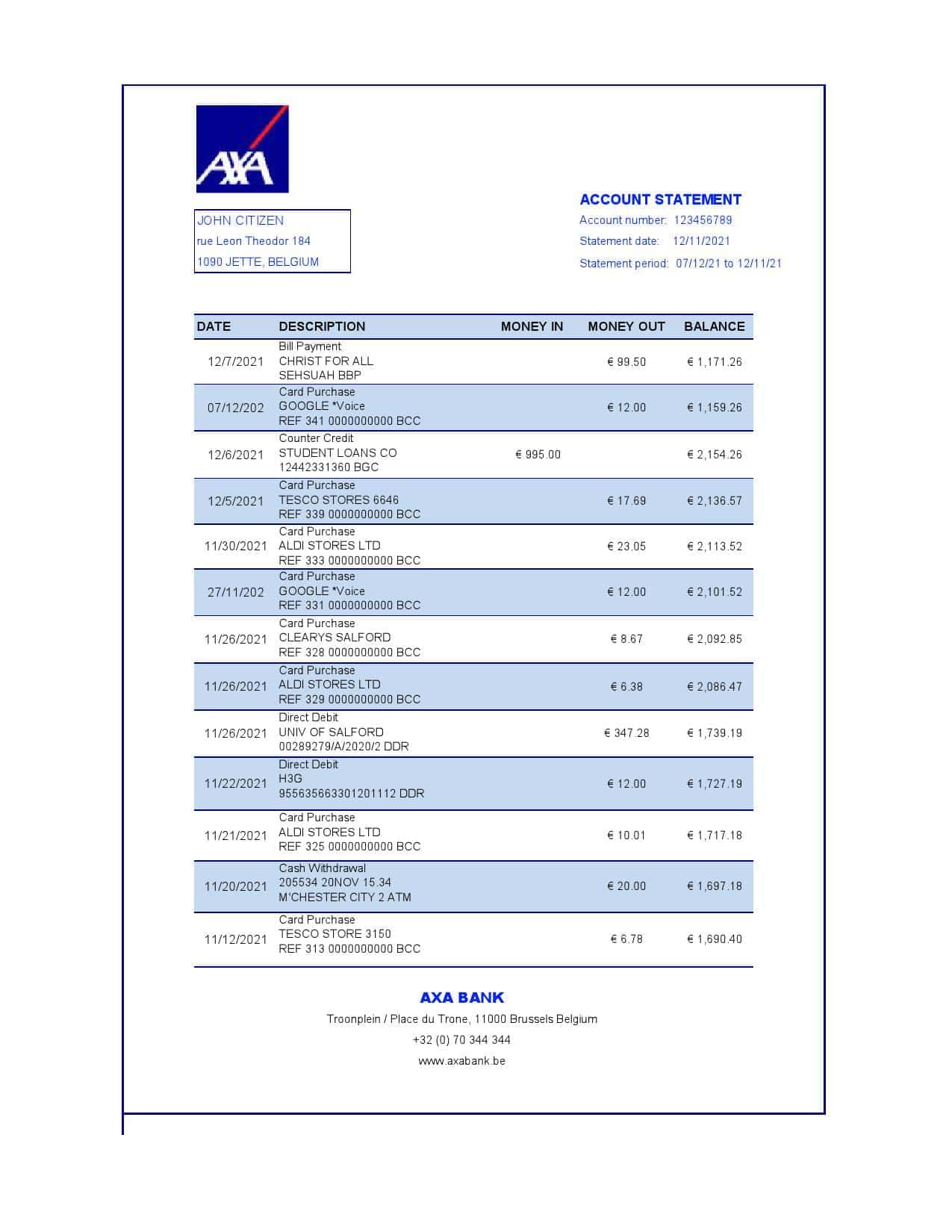 Belgium-AXA-Bank-1.jpg Belgium AXA bank statement easy to fill template in .xls and .pdf file format