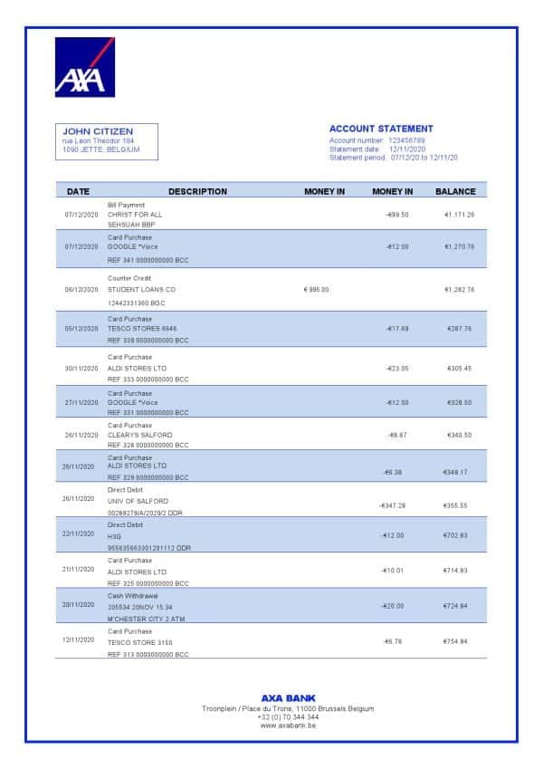 Belgium AXA Bank statement template in Word and PDF format
