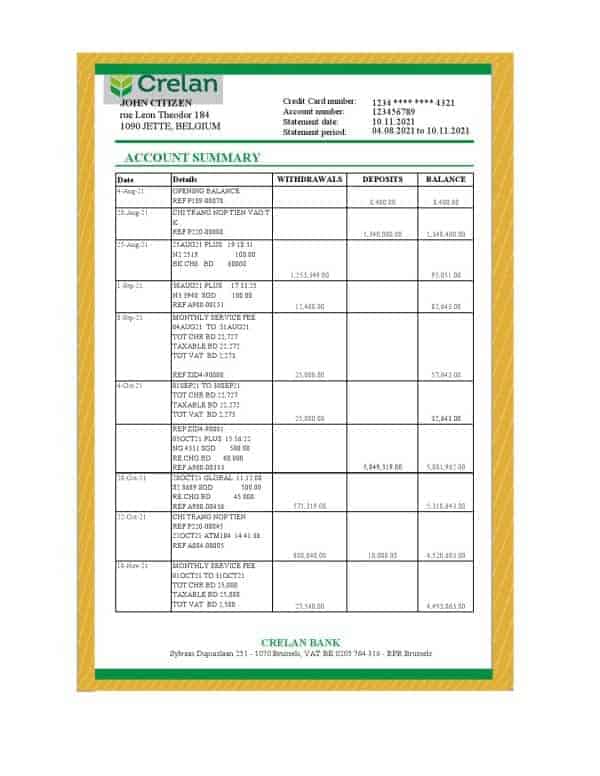 Belgium Crelan bank statement easy to fill template in Excel and PDF format