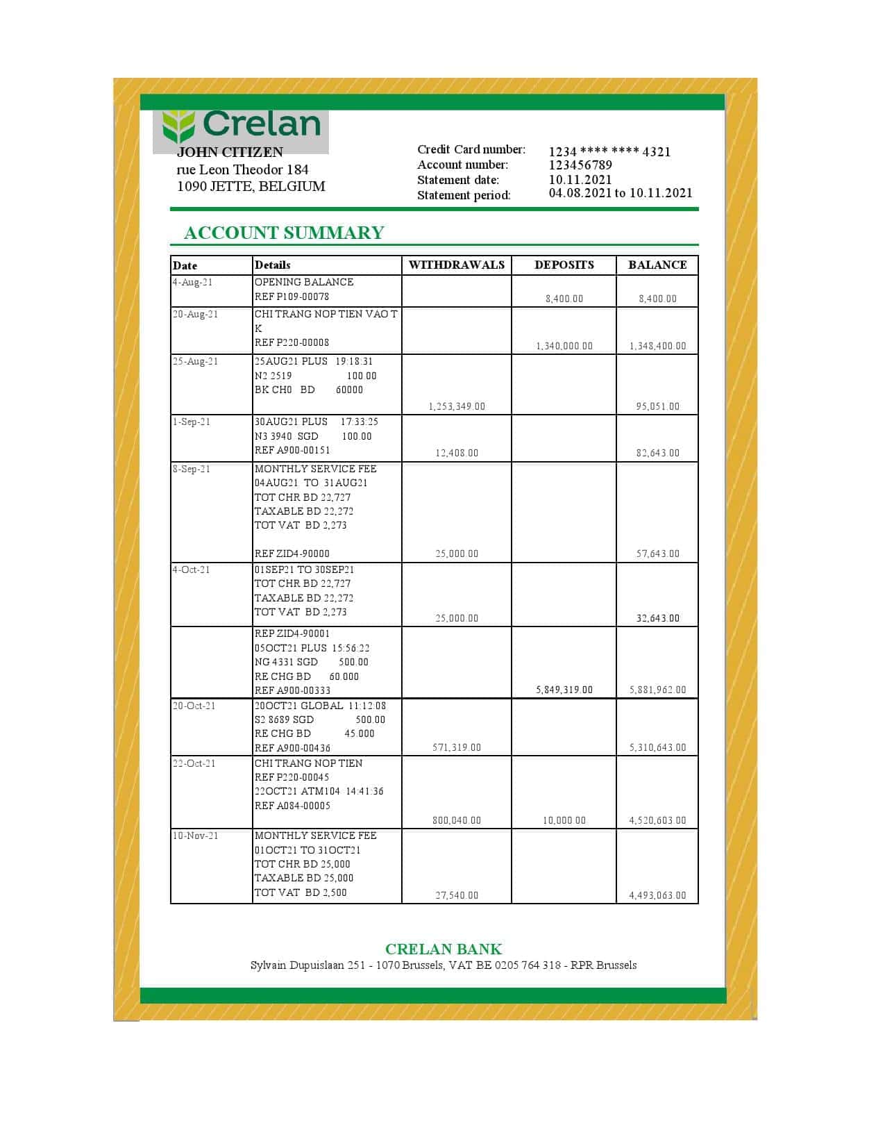 Belgium-Crela.jpg Belgium Crelan bank statement easy to fill template in Excel and PDF format