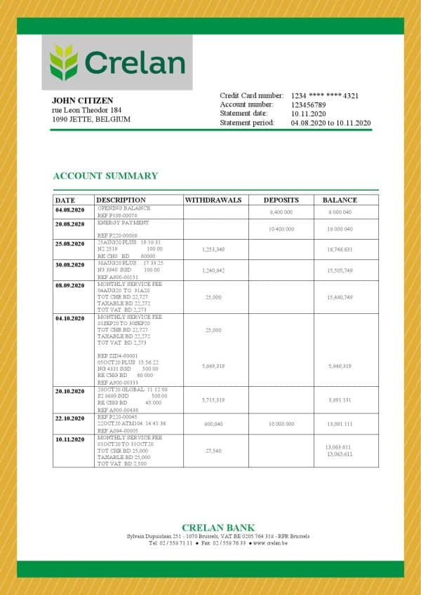 Belgium Crelan bank statement template in Word and PDF format
