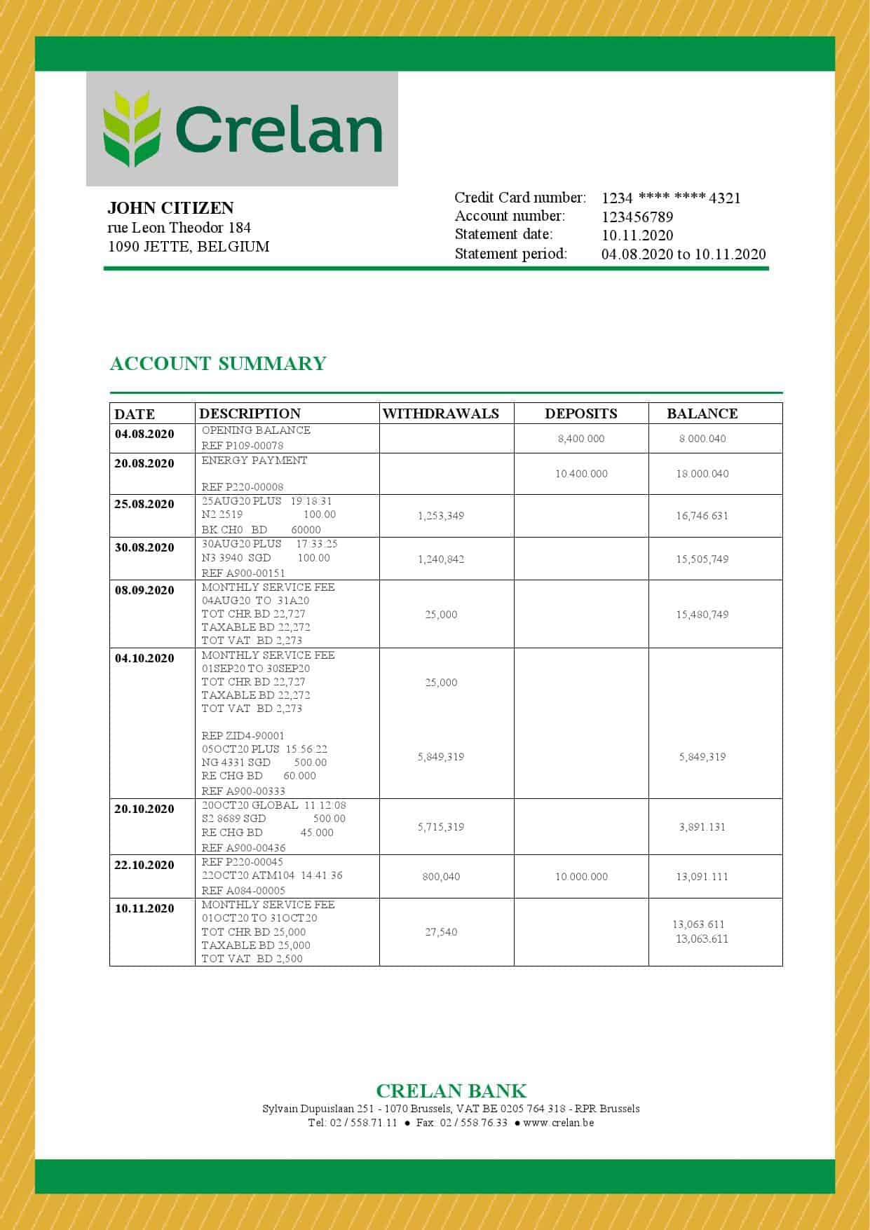 Belgium-Crelan.jpg Belgium Crelan bank statement template in Word and PDF format