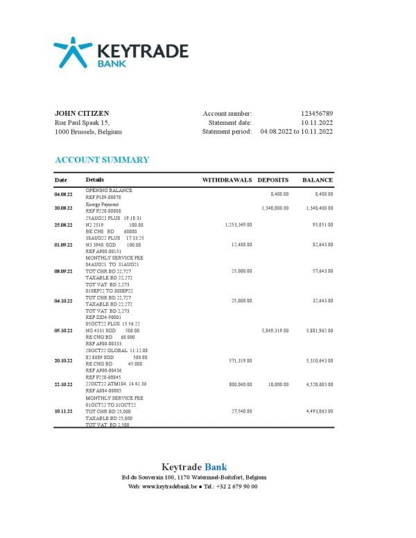 Belgium Keytrade bank statement template in Excel and PDF format
