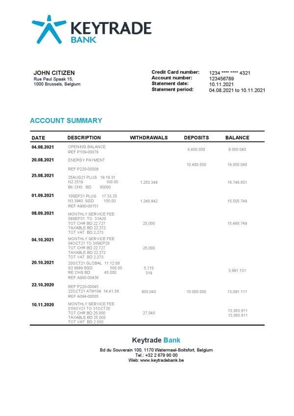 Belgium Keytrade bank statement template in Word and PDF format