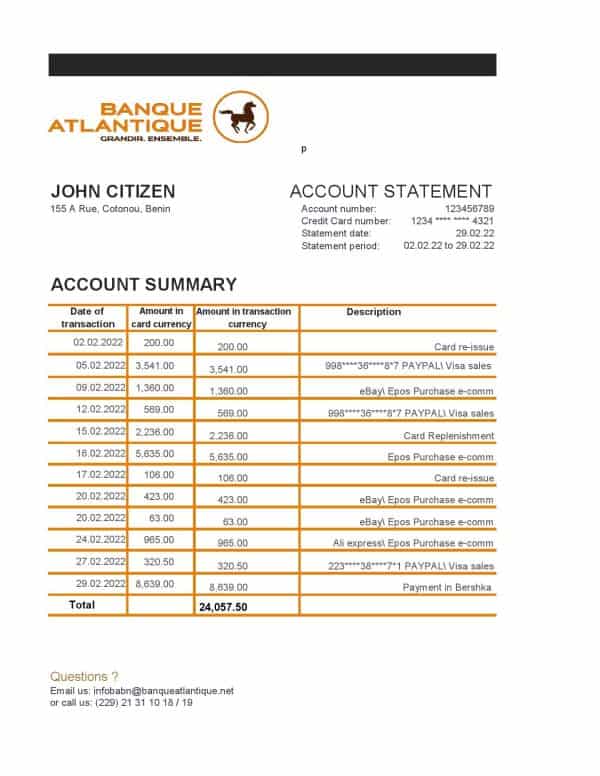 Benin Banque Atlantique bank statement template in Excel and PDF format