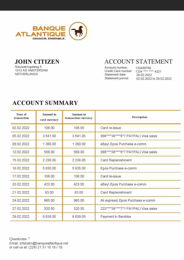 Benin Banque Atlantique bank statement template in Word and PDF format