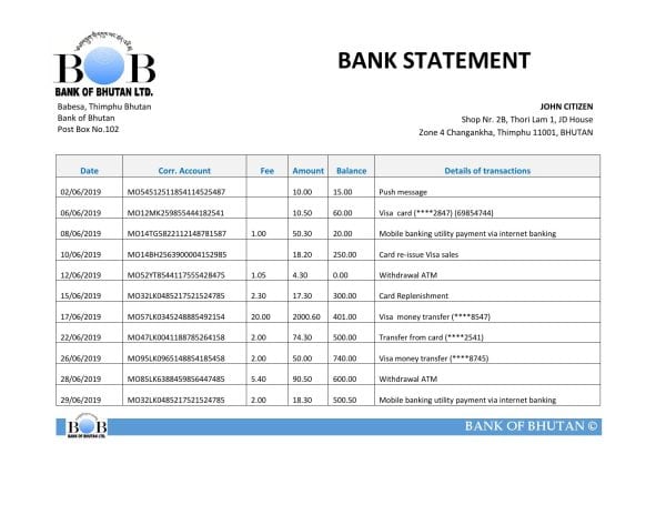 Bhutan Bank of Bhutan bank statement easy to fill template in Excel and PDF format
