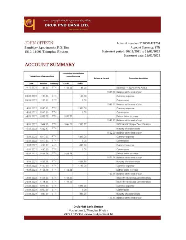 Bhutan Druk PNB bank statement template in Excel and PDF format (autosum)