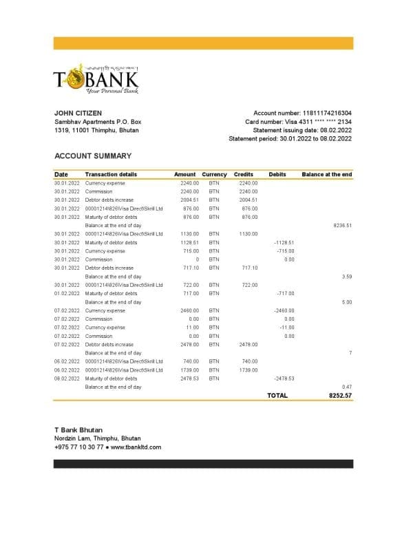 Bhutan T Bank Statement template in Excel and PDF format