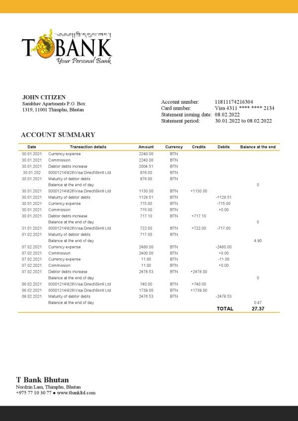 Bhutan T bank statement template in Word and PDF format