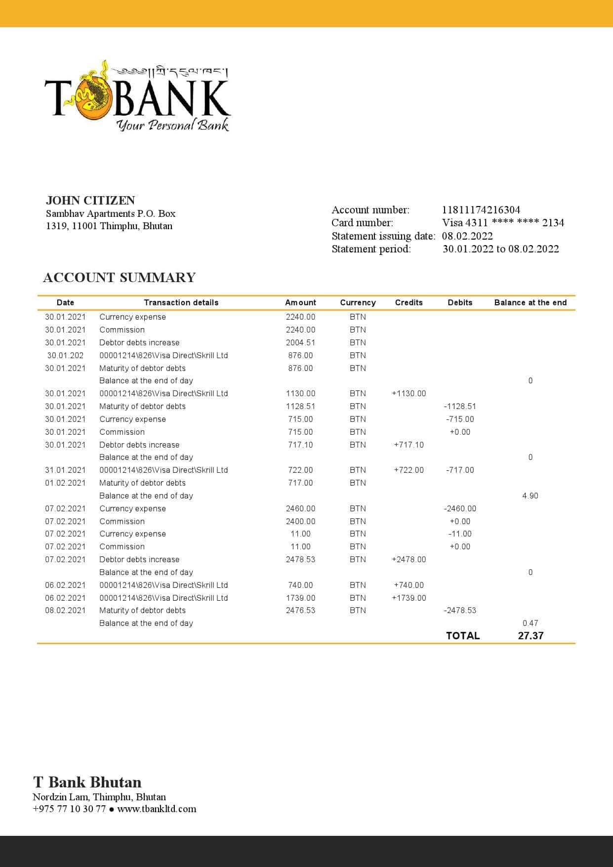 Bhutan-T-bank-statement-template-in-Word-and-PDF-format.jpg Bhutan T bank statement template in Word and PDF format