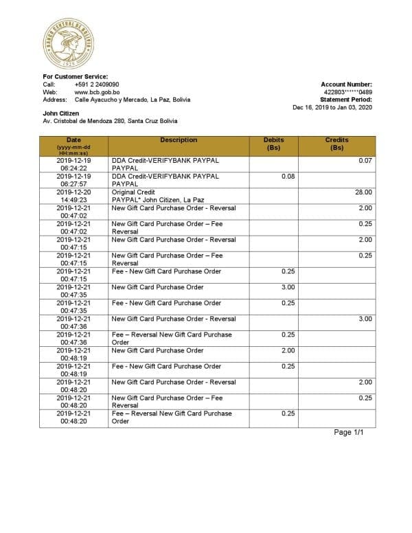 Bolivia Banco Central de Bolivia bank statement easy to fill template in .xls and .pdf file format