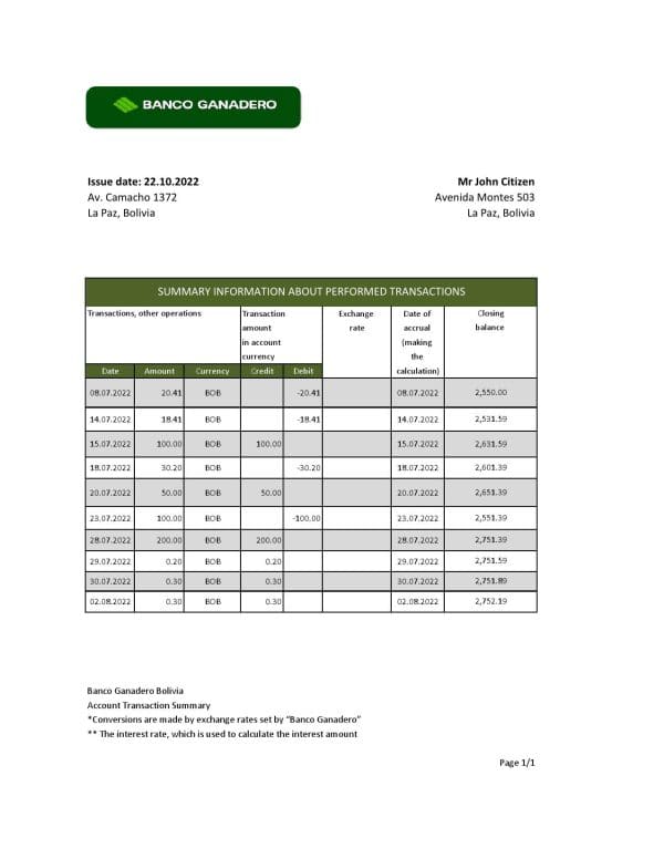 Bolivia Banco Ganadero bank statement template in Excel and PDF format