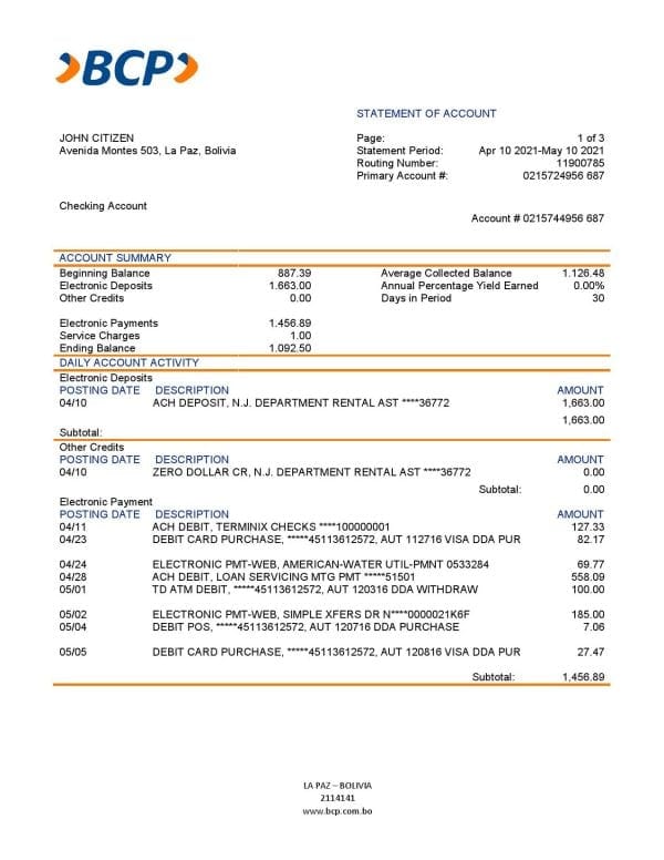 Bolivia banco de crédito de bolivia bank statement template in Word and PDF format