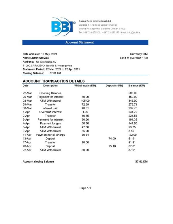 Bosnia and Herzegovina Bosna Bank International bank statement easy to fill template in Excel and PDF format (AutoSum)