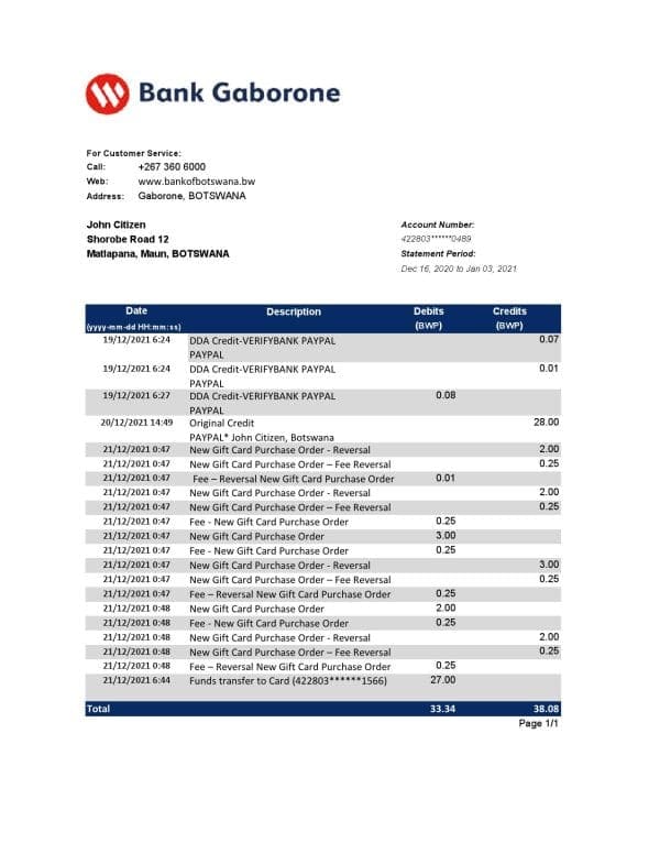 Botswana Bank Gaborone bank statement template in Excel and PDF format, fully editable
