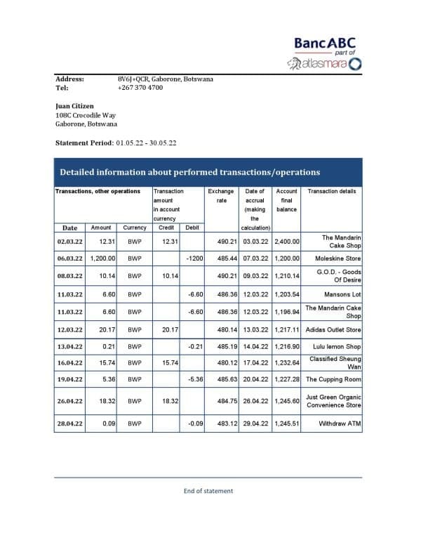 Botswana Bank ABC bank statement template in Excel and PDF format