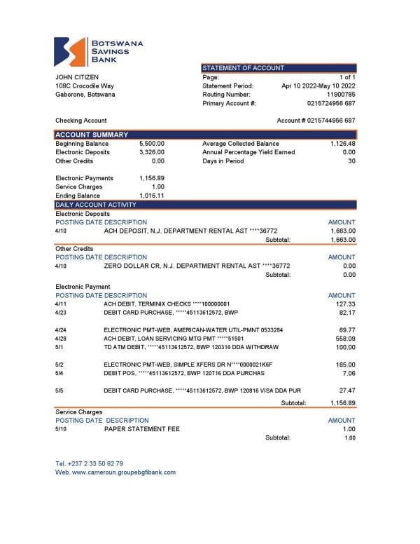 Botswana Savings bank statement template in Excel and PDF format