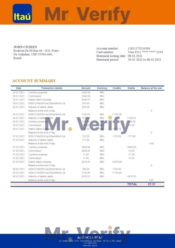 Brazil Itau bank statement template in Word and PDF format, fully editable