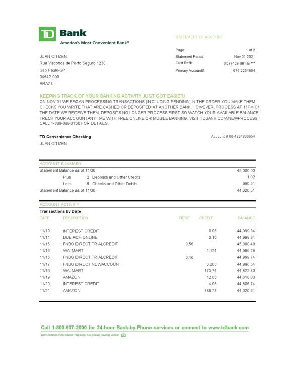 Brazil TD bank proof of address statement template in Word and PDF format (.doc and .pdf)