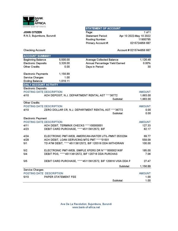 Burundi Bank of Africa bank statement Excel and PDF template (AutoSum)
