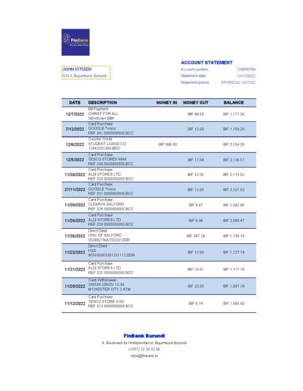 Burundi Finbank bank statement Excel and PDF template, fully editable (AutoSum)