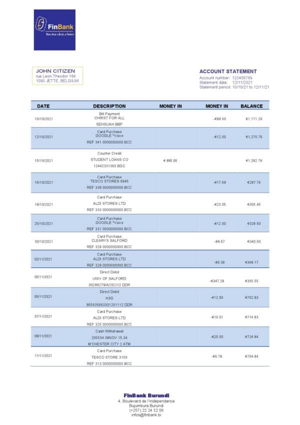Burundi Finbank statement Word and PDF template