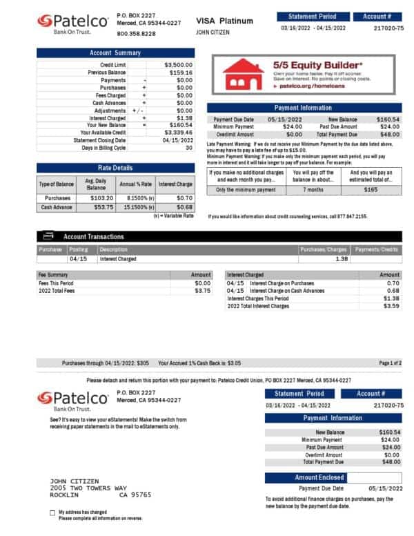 California-Patelco-card-statement-2-pages_000001.jpg USA California Patelco bank card statement, Word and PDF template, 2 pages