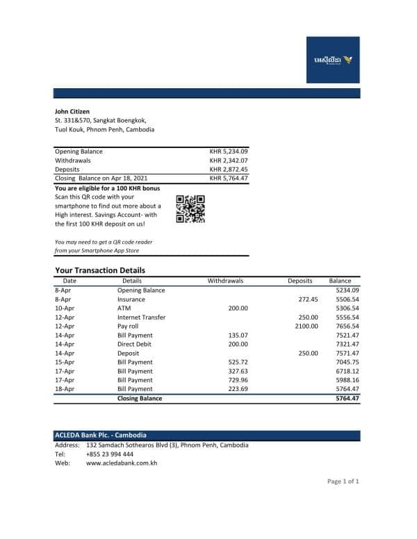 Cambodia ACLEDA bank statement Excel and PDF template (AutoSum)