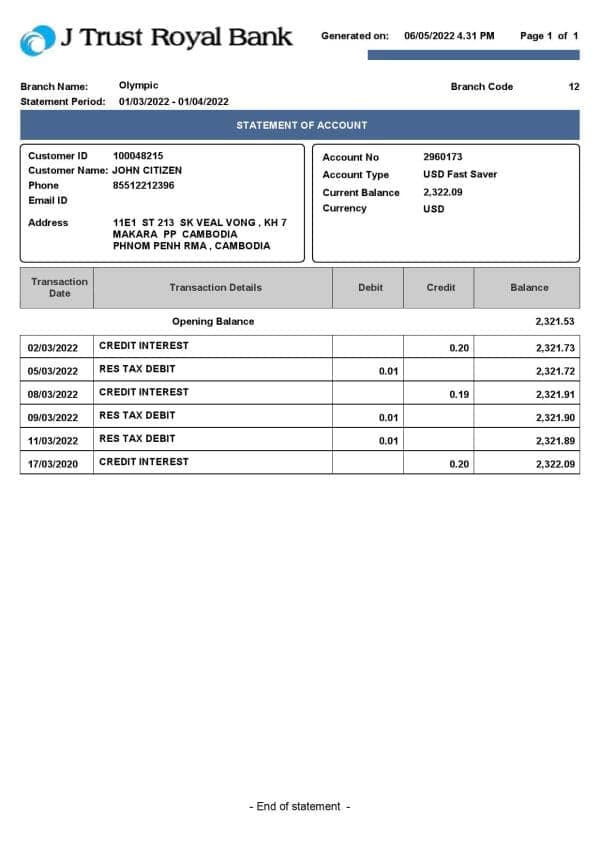 Cambodia J Trust Royal bank statement Word and PDF template