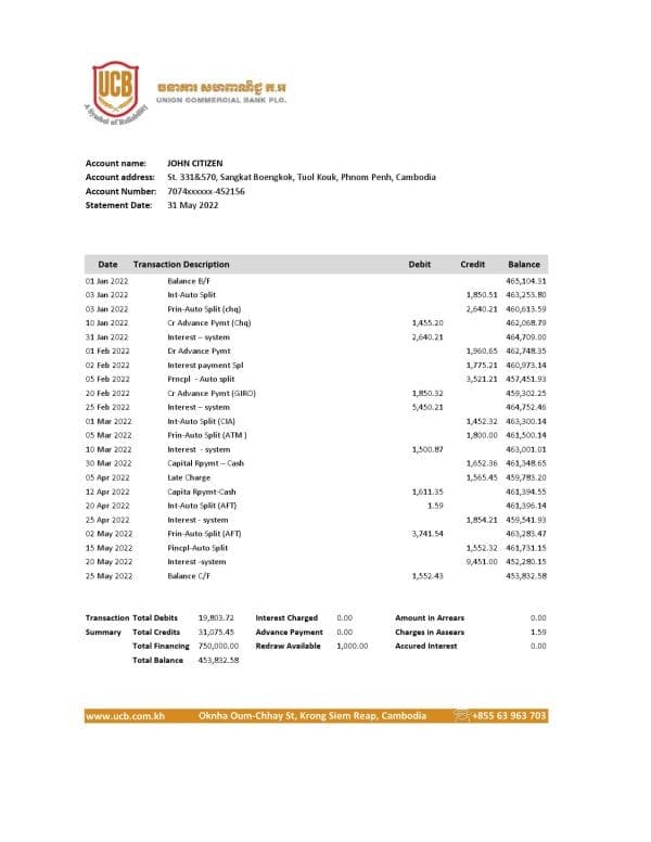 Cambodia Union Commercial bank statement Excel and PDF template, fully editable (AutoSum)