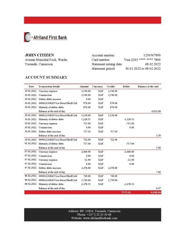 Cameroon Afriland First bank statement Excel and PDF template (AutoSum)