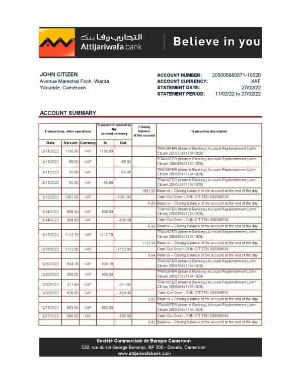 Cameroon SCB bank statement Excel and PDF template, fully editable (AutoSum)