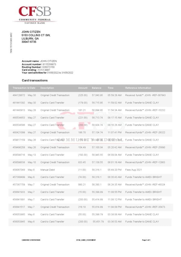 Canada CFSB Bank Statement, Word and PDF Template