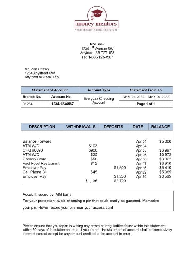 Canada Money Mentors (MM) Bank Statement Word and PDF Template