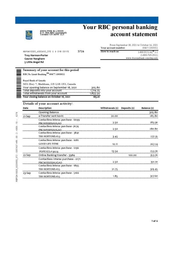Canada Royal Bank of Canada (RBC) bank statement template in .xls and .pdf file format (4 pages) (AutoSum)