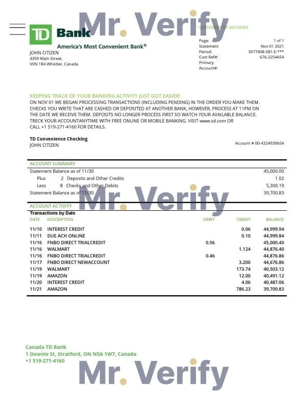Canada TD Bank proof of address statement template in Word and PDF format (.doc and .pdf)