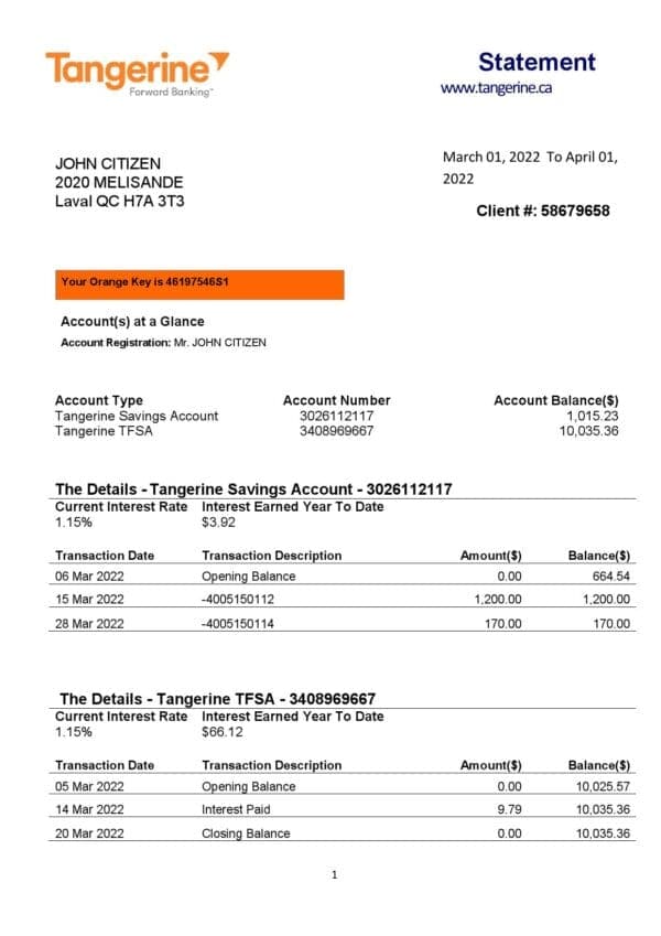 Canada-Tangerine-bank-statement_000001.jpg Canada Tangerine bank statement Word and PDF template, 2 pages