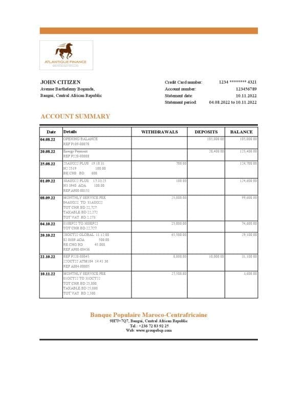 Central African Republic Banque Populaire Maroco Centrafricaine bank statement Excel and PDF template, fully editable (AutoSum)