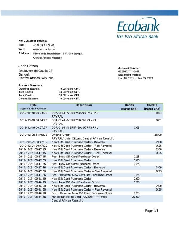 Central African Republic Ecobank proof of address template in Word and PDF format