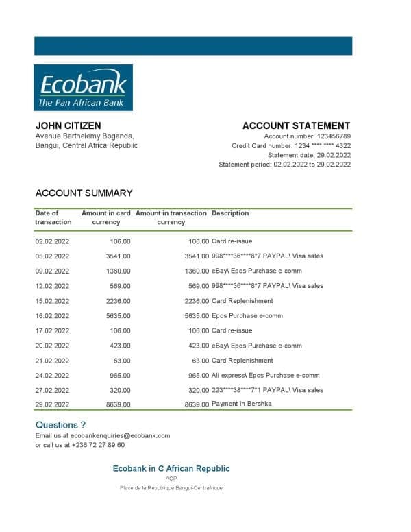 Central African Republic Ecobank bank statement Excel and PDF template (AutoSum)